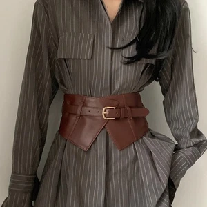 Women Faux Leather Belt Corset Waistband Obi Punk Accessory Wide Japanese Brown - Picture 1 of 10