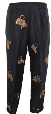 Pantalones de seda Sunny Leigh para mujer negros bordados bolsos monederos estampado talla 4 nuevos Foto 1 de 4