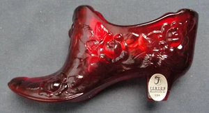 Signed Fenton Glass Ruby Red Glass Rose Shoe Slipper Boot Figurine - Picture 1 of 7