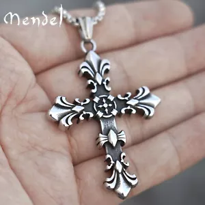 MENDEL Boys Mens Stainless Steel Vintage Cross Pendant Necklace Men Women Silver - Picture 1 of 6