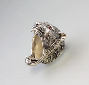 9927439-d 925er Silber Markasiten Ring Panther-Kopf Granataugen Gr.62 - Picture 1 of 5