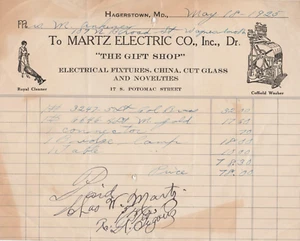 Martz Electric Co Hagerstown Md factura 1925 Ab2 - Imagen 1 de 2