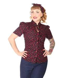 SugarShock Vilja Mandarin Retro Cherry Rockabilly Cherry Cherry Blouse 50s Pin Up - Picture 1 of 7