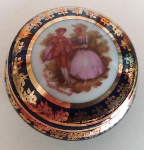 LIMOGES FRANCE Sm. Covered Trinket Dish Cobalt Blue Gold Trim Fragonard signed - Picture 1 of 11