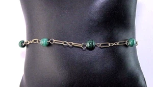 Pulsera Llena de Oro Bola de Malaquita Verde Cuentas Cadena Larga 7 pulgadas De Colección - Imagen 1 de 2