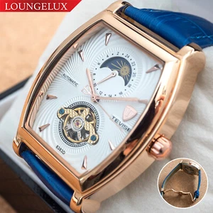 Mens Rose Gold Moon Phase Automatic Mechanical Watch Blue Leather 24HR Dial - Picture 1 of 12