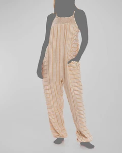 $231 Agua Bendita Women's Ivory Cotton/Linen Blend Striped Jumpsuit Size S - Picture 1 of 3