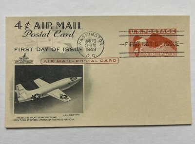 US First Day Airmail Art Craft Postcard UXC1a 1949 Eagle 4c Bell X-1 Rocket - Image 1 of 4