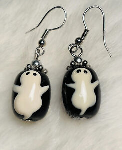 GHOST GLASS BEAD EARRINGS DOUBLE SIDED 3D EMBOSSED ARTISAN CREATED HALLOWEEN