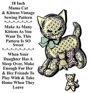 18" Mama Cat and Baby Kittens Stuffed Animals Vintage Sewing Pattern - Picture 1 of 2