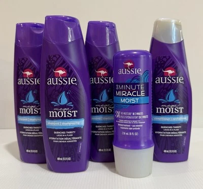 Paquete Aussie Mega Moist Champú, Acondicionador, 3 Minute Miracle Nuevo de Lote Antiguo Foto 1 de 4
