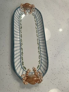 Fitz & Floyd Seaboard Nautical Platter / Tray Cream w/ Blue Stripes, Rope, Crabs - Picture 1 of 8