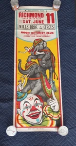 Vintage  1950s MILLS  Bros Circus Poster with Clown/Elephants 40x14 Great color - Picture 1 of 8