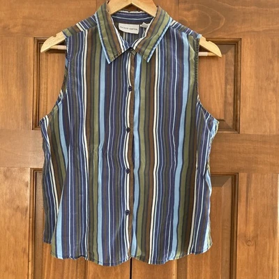 Винтажный Jaclyn Smith 100% шелк в полоску блузка без рукавов верхний женский размер большой L - Изображение 1 из 4