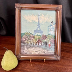 Quadro scena strada Parigi Torre Eiffel vintage 11,5x9,5 arte originale a bordo - Foto 1 di 7
