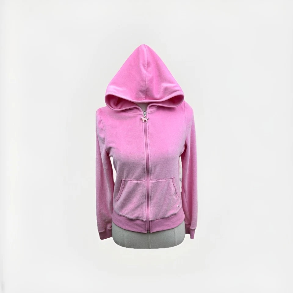 粉色维多利亚的秘密丝绒全拉链田径连帽夹克 M 狗拉链拉 — 第 1/4 张图片