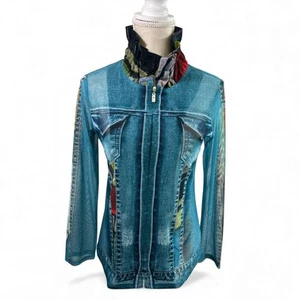 Damee Jacke Oberteil Faux Denim Print Mesh Full Zip Sheer Art To Wear Gr. PM - Bild 1 von 13