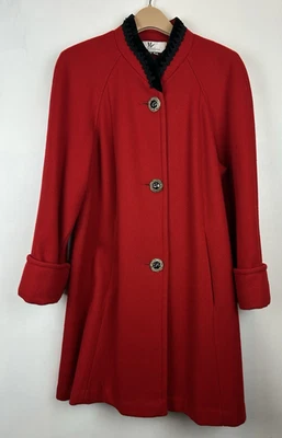 Vintage Long Wool Coat Womens Medium Red Black Velvet Collar Overcoat Buttons - Image 1 of 4