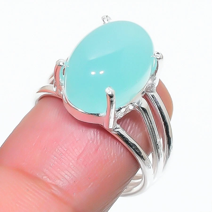 Aqua Chalcedony Gemstone 925 Sterling Silver Jewelry All Size Ring For Gift - Image 1 of 1