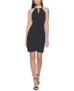 GUESS Keyhole Scuba Crepe Sheath Dress Women's 12 Black Halter Neck Back Zip - Picture 1 of 16