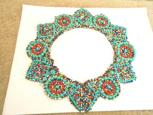 VINTAGE MAGNIFICENT HAND STITCHED SEED BEADS WITH TURQ. AND CORAL BEADS - Picture 1 of 3