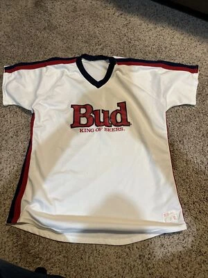 BUD LIGHT Budweiser Beer White/Blue Pinstripes Embroidered Baseball JERSEY - XL - Image 1 of 4