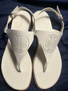 TORY BURCH CAPRI LEATHER SANDALS PERFORATED LOGO CREAM SIZE 8.5 NW FREE SHIPPING - Picture 1 of 5