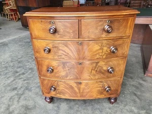 Antique Victorian 2 over 3 bow front chest of drawers bun feet pearl inlays - Picture 1 of 10