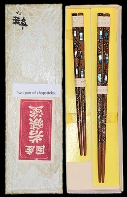 2 Pair Boxed MOP Decorated Chopsticks / Hair Picks Unused 2 Size 6.5", 7.75" Vtg - Image 1 of 4