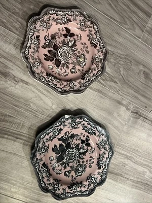 2 Spode Plates Archive Collection British Flowers Pink Black 9” Pair - Image 1 of 4