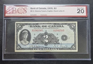 1935 Bank of Canada $2 Two Dollar Banknote ***BCS Graded VF-20*** - Picture 1 of 2