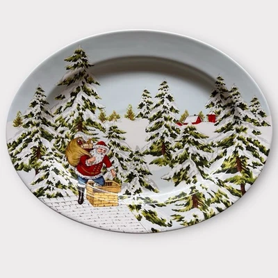 Williams Sonoma Christmas Platter Santa Chimney Snowy Trees Holiday Plate - Image 1 of 4