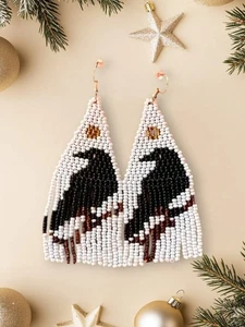 Tribal Earrings Native Large Boho American Seed Beads Handmade Earring - Picture 1 of 2