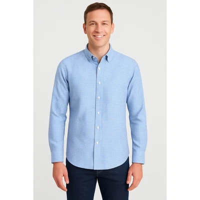  Men's Blue Slim Fit Long Sleeve Gingham Linen Shirt Size Large - NWT - Image 1 of 4