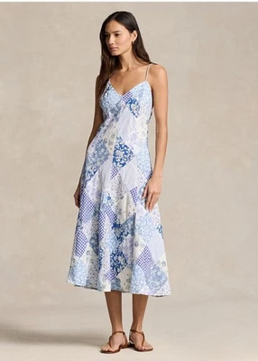 Polo Ralph Lauren платье размер 8 синий цветочный пэчворк Midi Viggy спагетти редкая - Изображение 1 из 4