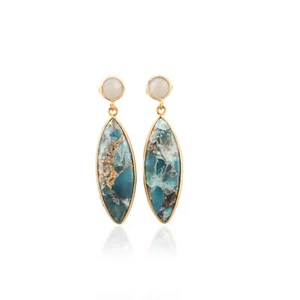 Apatite Copper Turquoise Jade Chalcedony Gold Plated Double Stone Drop Earring - Picture 1 of 4