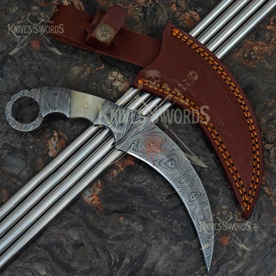 Hermoso cuchillo Karambit de acero Damasco hecho a mano mango espiga completa hueso de camello Foto 1 de 4