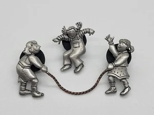 Vintage JJ Kids Jumping Rope Jewelry 3 Girls Signed Jonette Lapel Pins Brooches - Picture 1 of 5