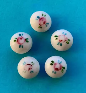More details for 5 x 9mm tiny antique white milk glass ball buttons, hand painted pink roses