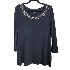 J. Jill Sz Large Embellished Black Gilded Tee Shirt Pima Cotton Modal Mature - Picture 1 of 9