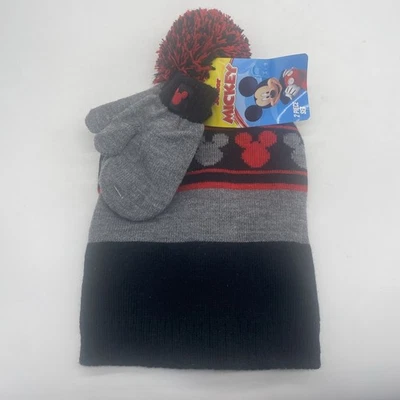Disney Toddler Boys Black Red Mickey Mouse Beanie Hat And Mittens Set 2T-5T - Image 1 of 4