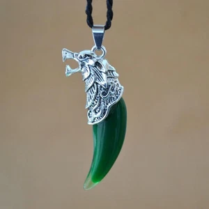 Silver Wolf Head with Tooth Pendant Claw Necklace Celtic Viking Tiger Bear Biker - Picture 1 of 1