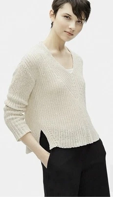 Suéter EILEEN FISHER Boho Cuello en V Marfil Algodón Orgánico Dobladillo Crudo Tejido Suelto Foto 1 de 4