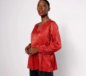 Isaac Mizrahi Live! Stretch Jacquard Bluse gerafft Schößchen Zimt 10 A620685 - Bild 1 von 4