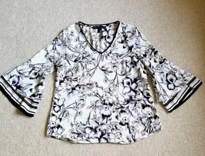 Womens Top-WHITE HOUSE BLACK MARKET-ivory/black floral silky 3/4 sleeve-4P - Picture 1 of 4