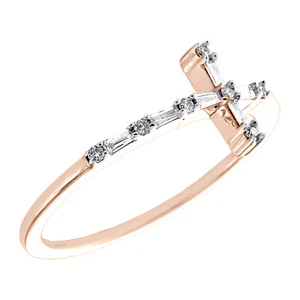 10K Rose Gold Round & Baguette Diamond Sideways Cross Cocktail Ring 0.12 Ct. - Picture 1 of 5