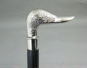 SOLID BRASS DUCK CHROME HANDLE AND WOODEN WALKING STICK / CANE BLACK FINISH - Picture 1 of 4