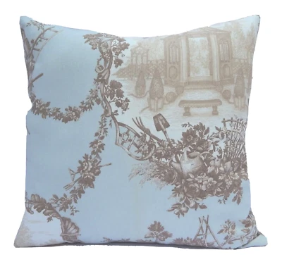 Designer Pillow COVER  Garden Toile in Soft Aqua Gold Nutmeg Brown /Golden Plush - Image 1 of 4