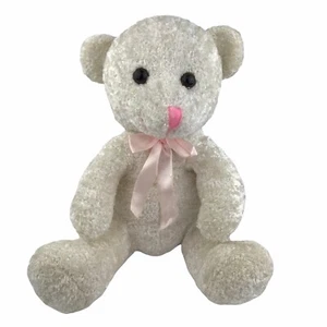 Goffa weißer Teddybär Plüsch 13 1/2 Zoll rosa Nase und Schleife - Bild 1 von 8