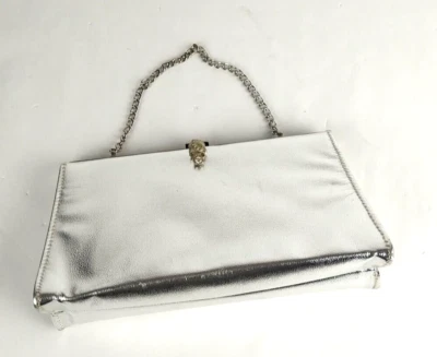 Vintage Faux Leather Metallic Silver Frame Clutch Chain Evening Bag Purse 8" - Image 1 of 4